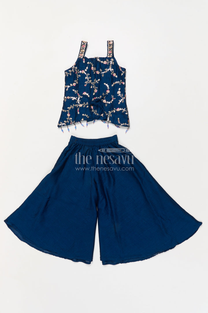 The Nesavu Girls Sharara / Plazo Set Girls Festive Plazo Set with Embroidered Blouse and Tassel Dupatta Nesavu Nesavu girls embroidered sharara set with mirror yoke and dupatta for festivals and functions