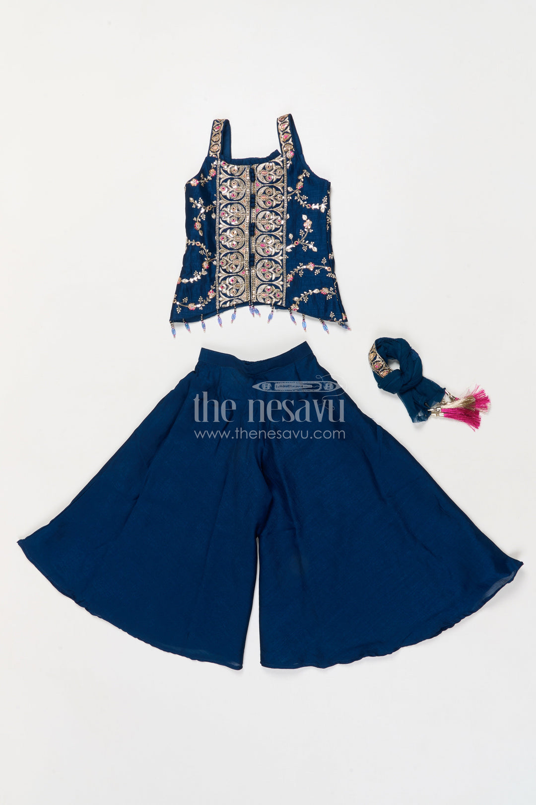 The Nesavu Girls Sharara / Plazo Set Girls Festive Plazo Set with Embroidered Blouse and Tassel Dupatta Nesavu Nesavu girls embroidered sharara set with mirror yoke and dupatta for festivals and functions