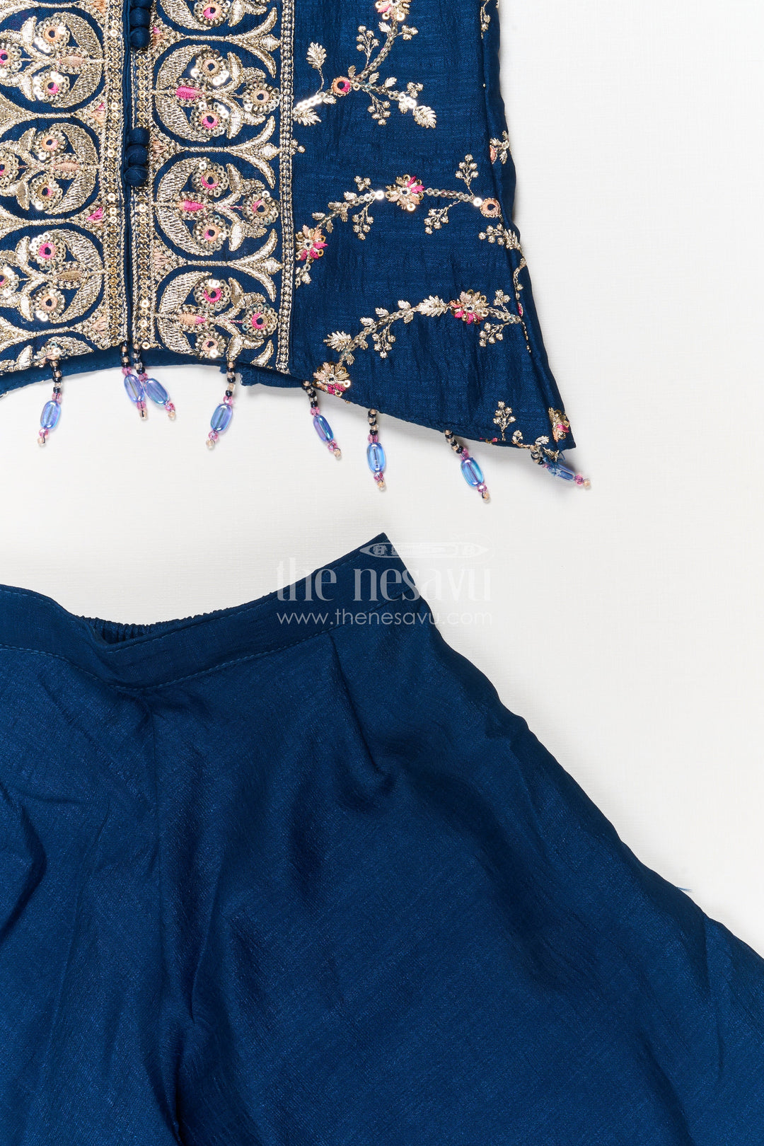 The Nesavu Girls Sharara / Plazo Set Girls Festive Plazo Set with Embroidered Blouse and Tassel Dupatta Nesavu Nesavu girls embroidered sharara set with mirror yoke and dupatta for festivals and functions