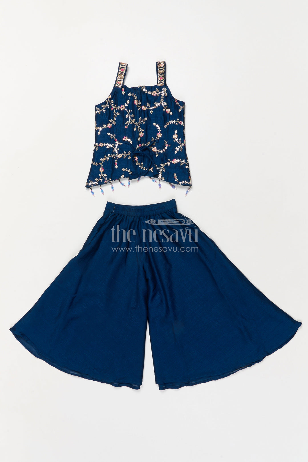 The Nesavu Girls Sharara / Plazo Set Girls Festive Plazo Set with Embroidered Blouse and Tassel Dupatta Nesavu Nesavu girls embroidered sharara set with mirror yoke and dupatta for festivals and functions