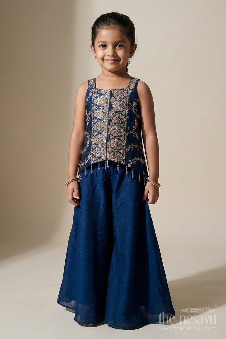 The Nesavu Girls Sharara / Plazo Set Girls Festive Plazo Set with Embroidered Blouse and Tassel Dupatta Nesavu Nesavu girls embroidered sharara set with mirror yoke and dupatta for festivals and functions