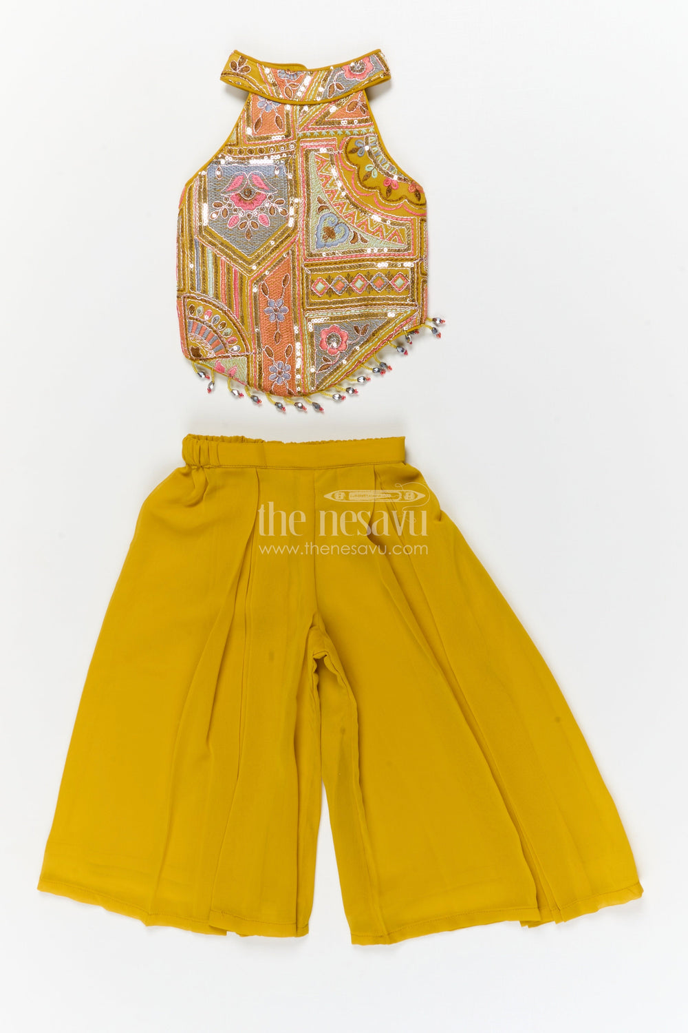 The Nesavu Girls Sharara / Plazo Set Girls Festive Plazo Set with Traditional Embroidered Blouse for Navratri and School Events Nesavu 16 (1Y) / Yellow / Georgette GPS936A-16 Nesavu girls traditional plazo set with embroidered high-neck blouse and dupatta for Navratri and festive days
