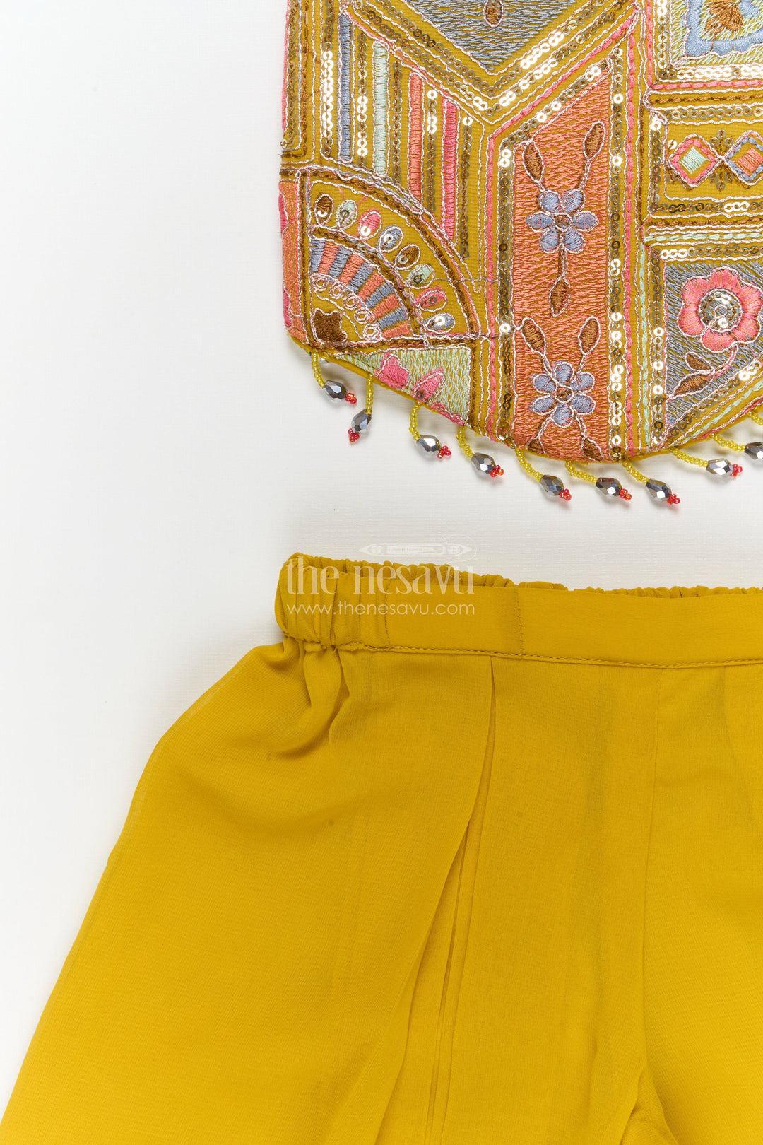 The Nesavu Girls Sharara / Plazo Set Girls Festive Plazo Set with Traditional Embroidered Blouse for Navratri and School Events Nesavu Nesavu girls traditional plazo set with embroidered high-neck blouse and dupatta for Navratri and festive days