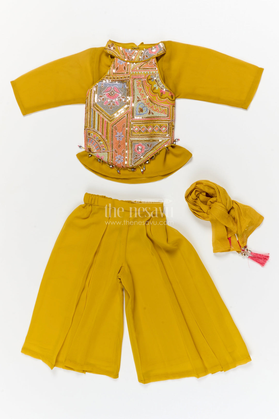 The Nesavu Girls Sharara / Plazo Set Girls Festive Plazo Set with Traditional Embroidered Blouse for Navratri and School Events Nesavu Nesavu girls traditional plazo set with embroidered high-neck blouse and dupatta for Navratri and festive days