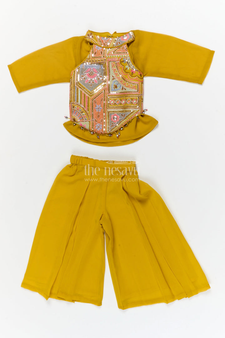 The Nesavu Girls Sharara / Plazo Set Girls Festive Plazo Set with Traditional Embroidered Blouse for Navratri and School Events Nesavu Nesavu girls traditional plazo set with embroidered high-neck blouse and dupatta for Navratri and festive days