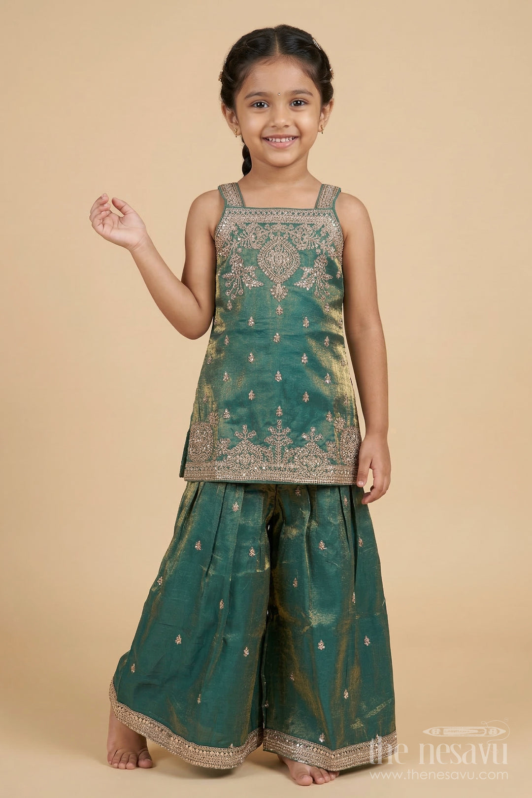 The Nesavu Girls Sharara / Plazo Set Girls Festive Sharara Outfit with Zari Thread Work and Flared Silhouette Nesavu Nesavu festive sharara set for girls with zari embroidery and dupatta – perfect for cultural events and weddings