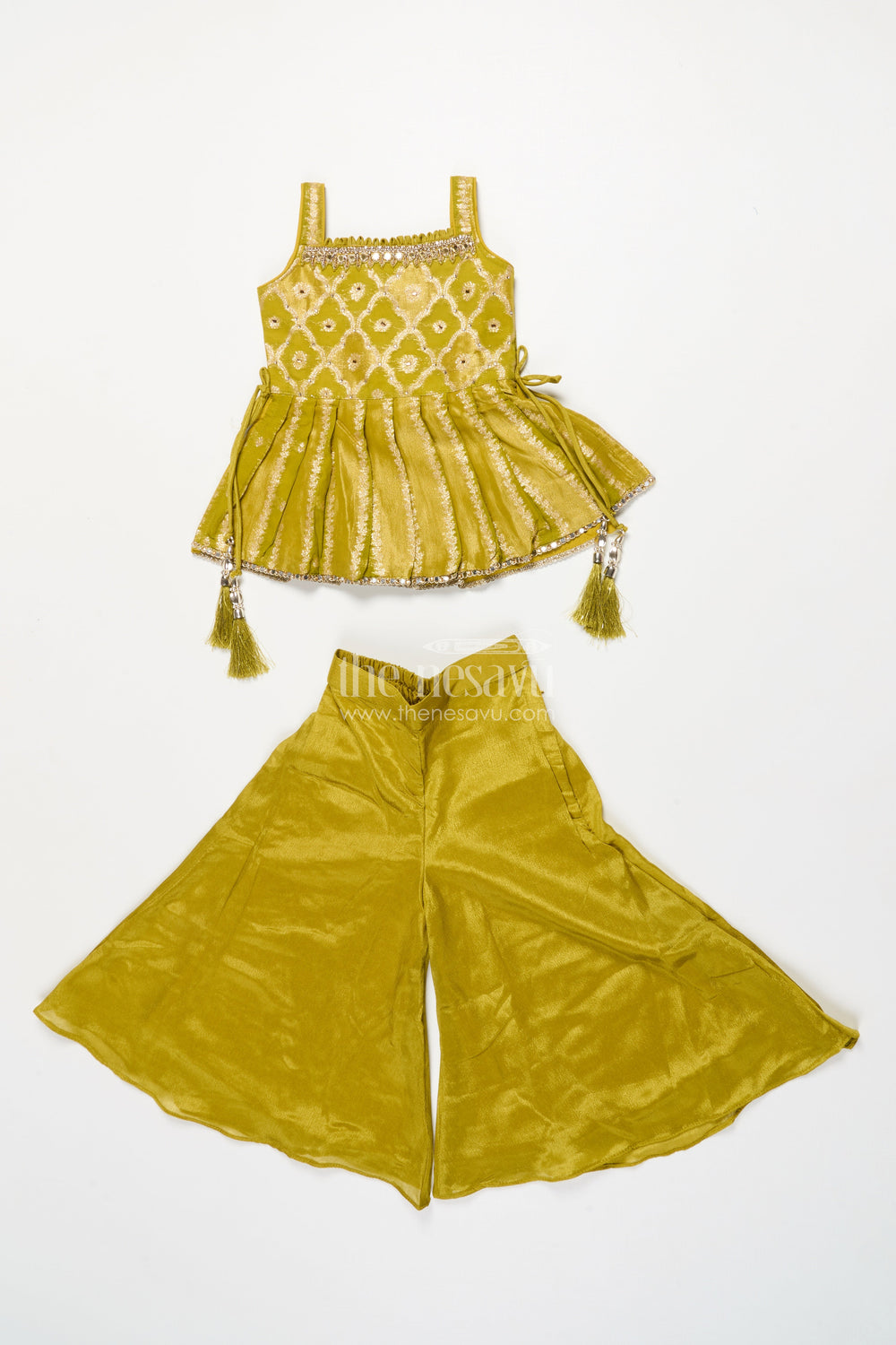 The Nesavu Girls Sharara / Plazo Set Girls Festive Sharara Set with Designer Embroidery for Traditional Occasions Nesavu 18 (2Y) / Green GPS750B-18 Nesavu festive sharara set girls embroidered kurti dupatta weddings rituals