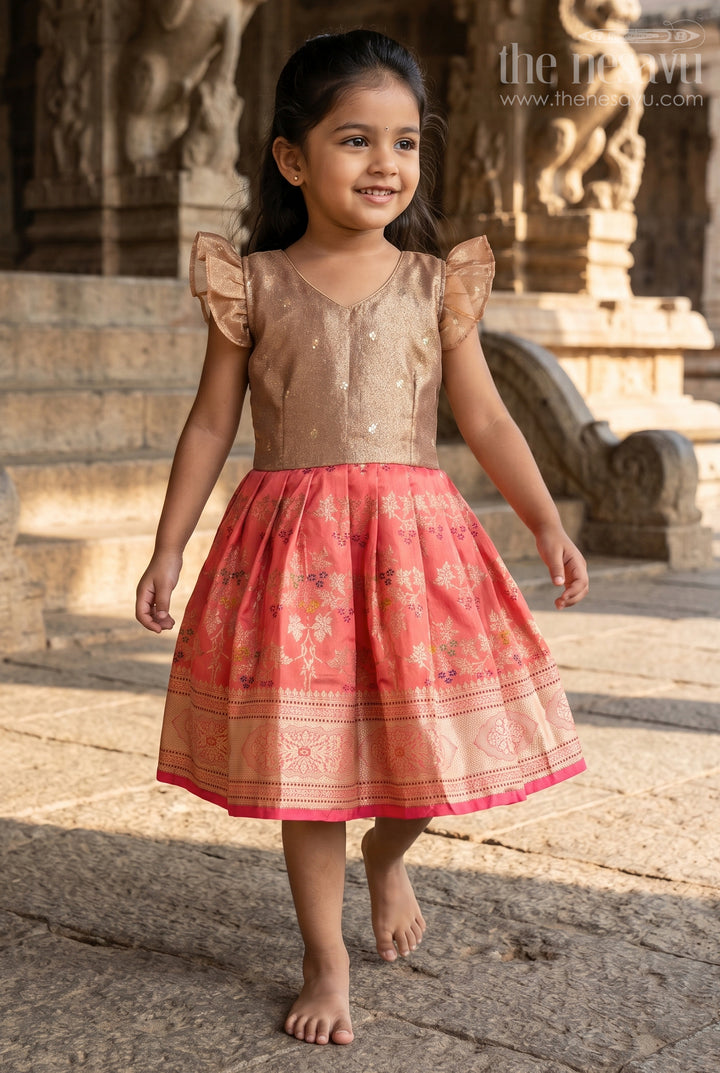 The Nesavu Silk Frock Girls Festive Silk Dress for Weddings and Family Occasions Nesavu 20 (3Y) / Gold / Semi Banarasi SF1166B-20 Nesavu Girls Festive Silk Dress With Tissue Yoke For Weddings And Traditional Celebrations