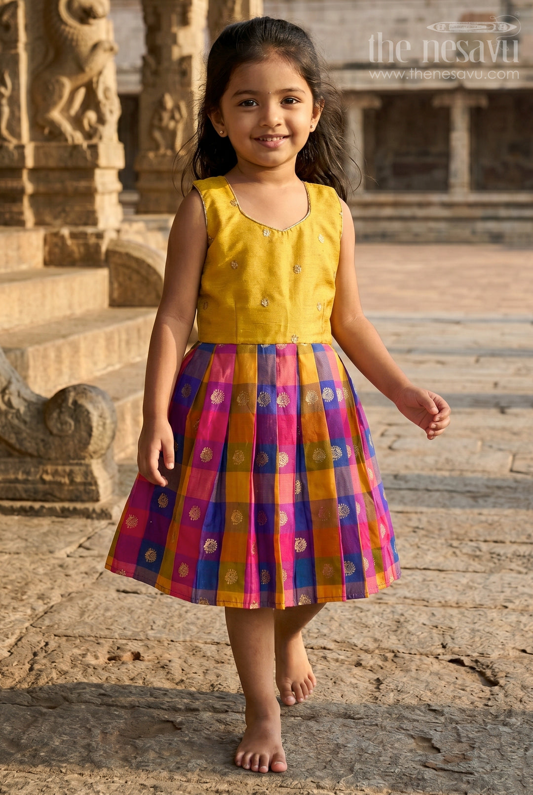 The Nesavu Silk Frock Girls Festive Silk Frock for Weddings and Traditional Functions Nesavu 18 (2Y) / Yellow / Silk Blend SF1163A-18 Nesavu Girls Festive Silk Frock With Colorful Checked Skirt For Weddings And Birthday Parties