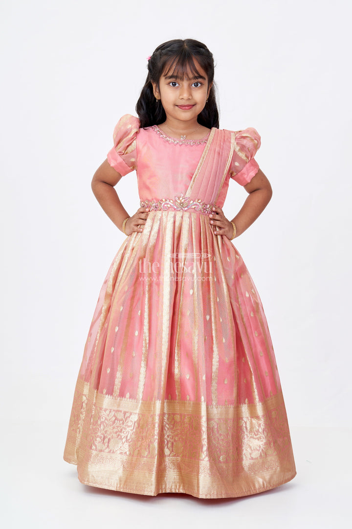 The Nesavu Girls Silk Gown Girls Festive Wear Anarkali with Rich Organza Jacquard and Traditional Gold Zari Borders Nesavu 24 (5Y) / Pink GA300A-24 Nesavu Girls Festive Wear Anarkali Organza Jacquard Gold Zari Borders