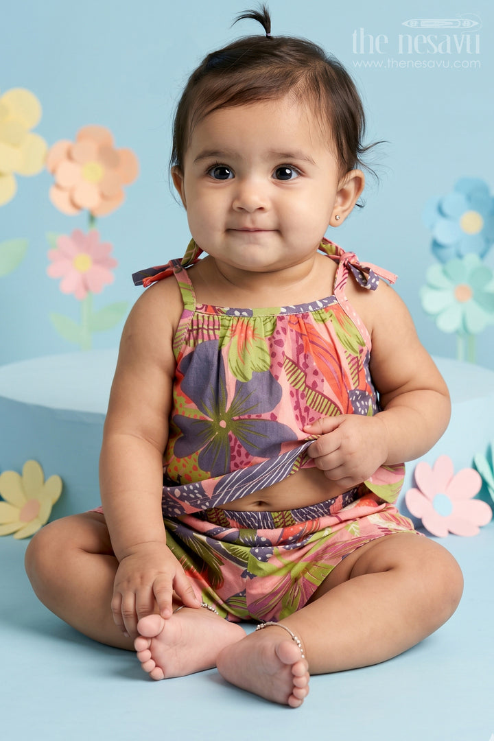 The Nesavu Baby Casual Sets Girls First Birthday Outfit in Digital Printed Cotton with Vibrant Jungle Theme and Matching Shorts Nesavu 12 (3M) / Pink BFJ796B-12 Girls First Birthday Outfit Cotton Jungle Digital Print Sleeveless Top Shorts | The Nesavu