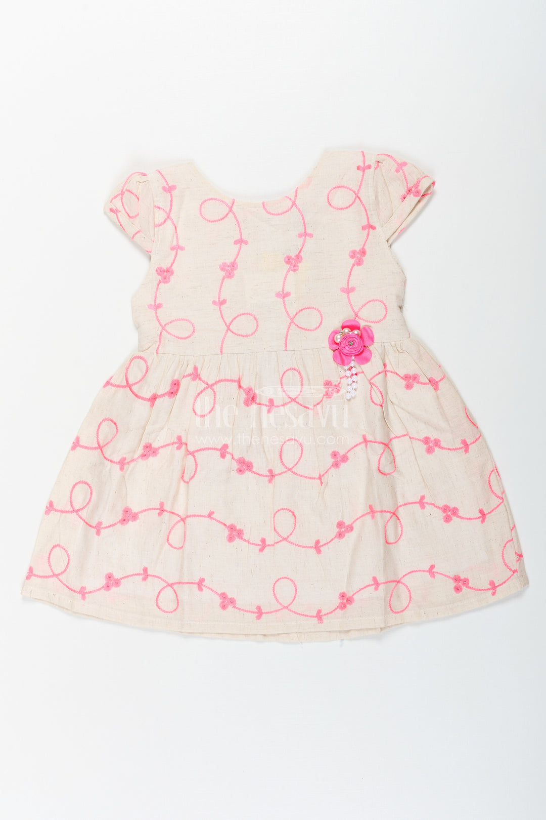 The Nesavu Baby Cotton Frocks Girls Flax Cotton Beautiful Rose Flower Frock with Bright Embroidery and Floral Appliqué Detailing Nesavu 14 (6M) / Pink BFJ755A-14 Nesavu Girls Flax Cotton Beautiful Rose Flower Frock Pink Embroidery Floral Appliqu Design