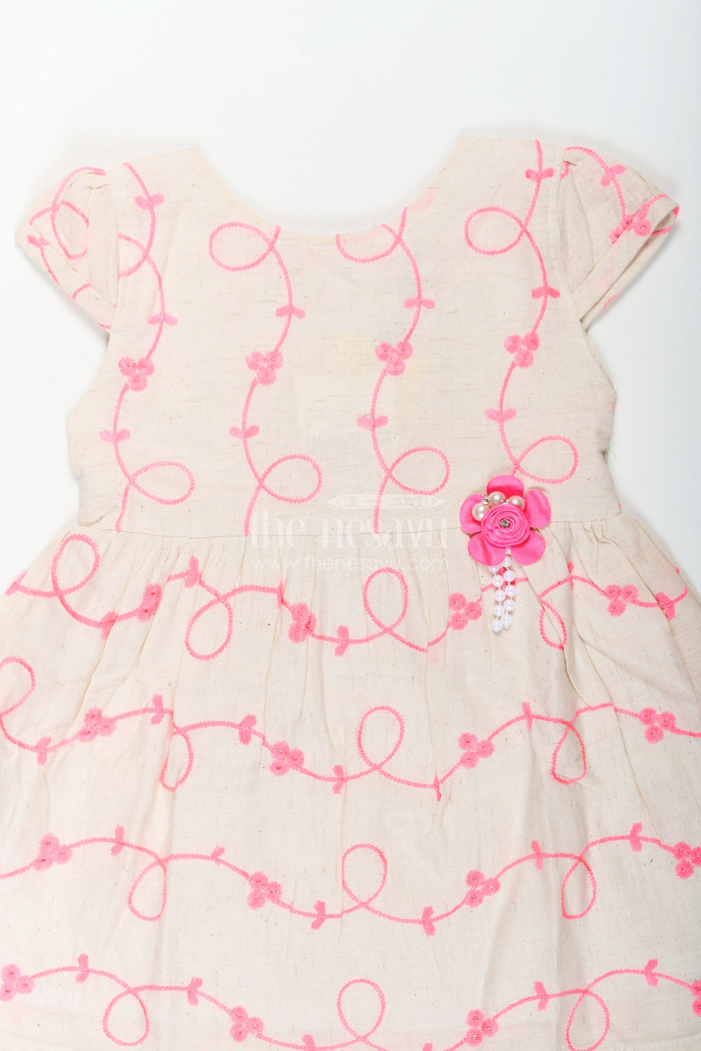 The Nesavu Baby Cotton Frocks Girls Flax Cotton Beautiful Rose Flower Frock with Bright Embroidery and Floral Appliqué Detailing Nesavu Nesavu Girls Flax Cotton Beautiful Rose Flower Frock Pink Embroidery Floral Appliqu Design