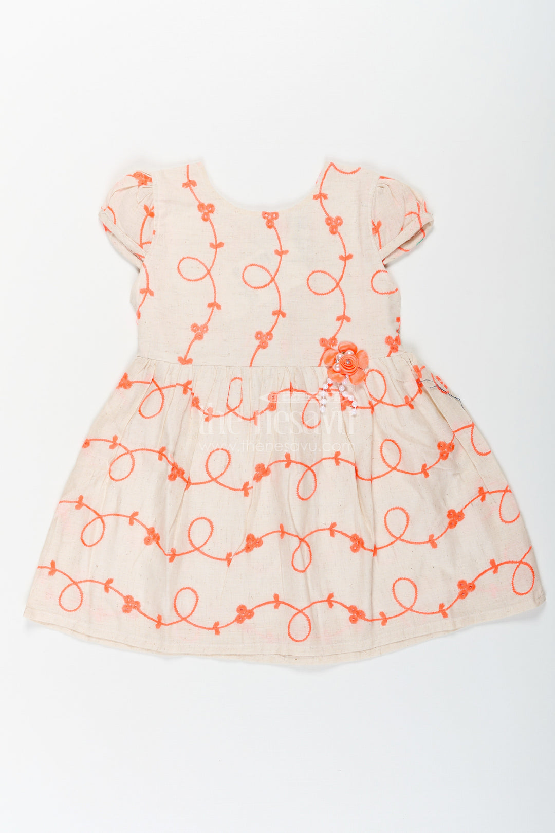 The Nesavu Baby Cotton Frocks Girls Flax Cotton Red Designer Kurta Style Frock with Bright Orange Embroidery and Flower Detail Nesavu 14 (6M) / Orange BFJ755B-14 Nesavu Girls Red Designer Kurta Style Frock Flax Cotton Orange Embroidery Flower Appliqu