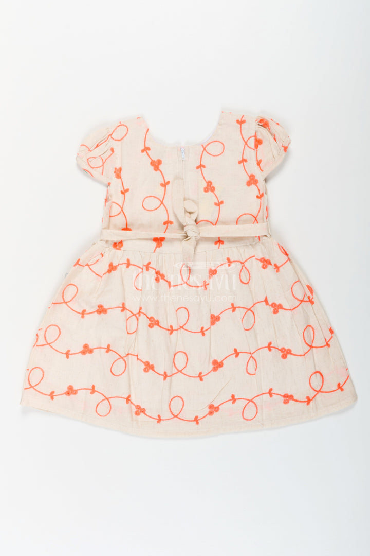 The Nesavu Baby Cotton Frocks Girls Flax Cotton Red Designer Kurta Style Frock with Bright Orange Embroidery and Flower Detail Nesavu Nesavu Girls Red Designer Kurta Style Frock Flax Cotton Orange Embroidery Flower Appliqu