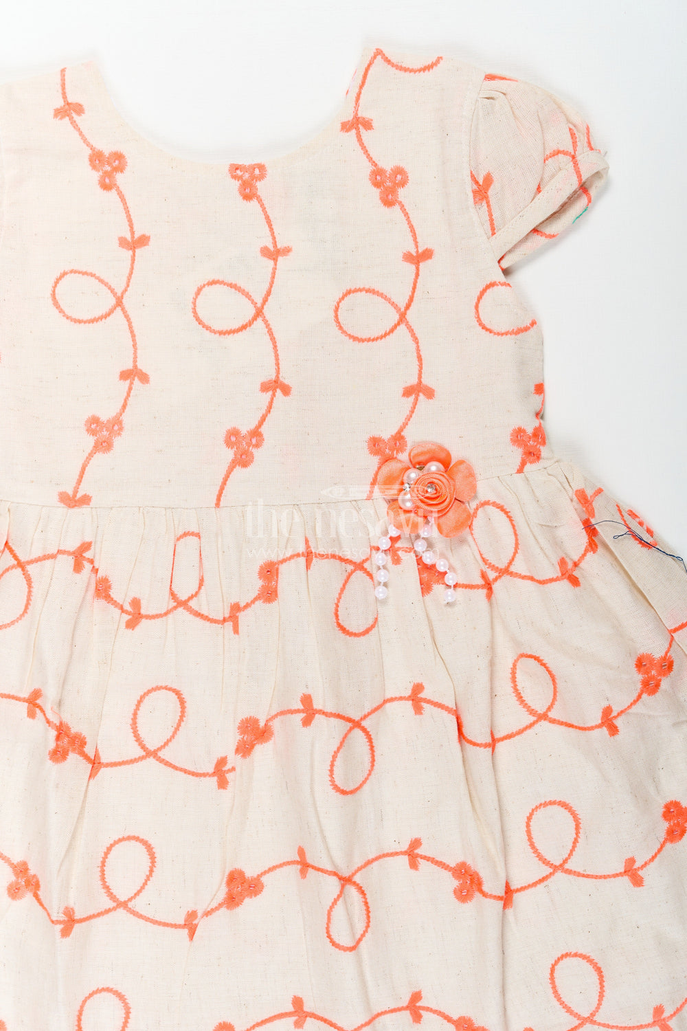 The Nesavu Baby Cotton Frocks Girls Flax Cotton Red Designer Kurta Style Frock with Bright Orange Embroidery and Flower Detail Nesavu Nesavu Girls Red Designer Kurta Style Frock Flax Cotton Orange Embroidery Flower Appliqu