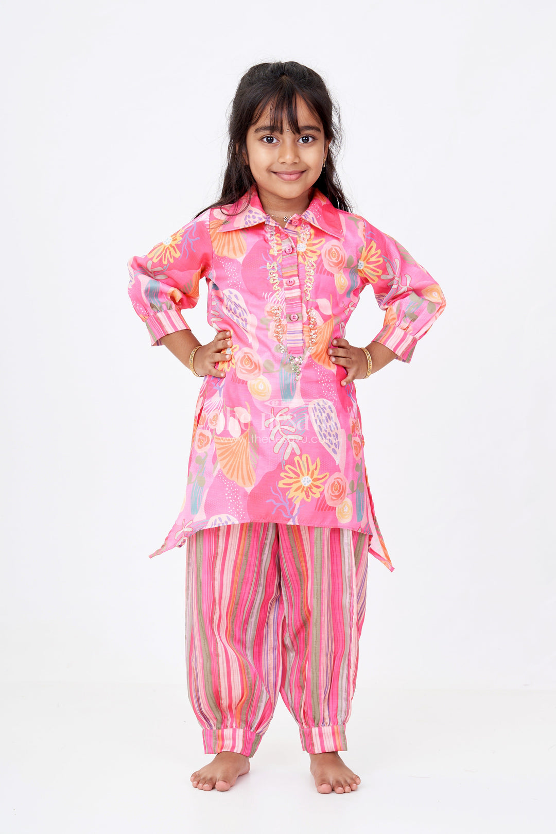The Nesavu Girls Sharara / Plazo Set Girls Floral Co-ord Set with Bright Printed Kurti and Striped Pants in Rani Pink Nesavu 24 (5Y) / Pink GPS552B-24 Nesavu Girls Floral Co-ord Set Bright Printed Kurti Striped Pants Rani Pink