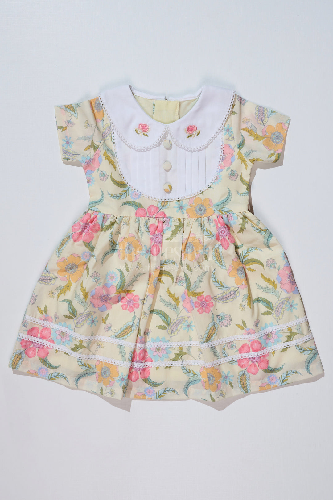 The Nesavu Girls Cotton Frock Girls Floral Collar Frock with Vintage-Inspired Lace Detailing and Pleated Yoke Nesavu 20 (3Y) / Yellow GFC1626A-20 Nesavu Girls Floral Collar Frock Lace Detailing Vintage-Inspired Pleated Yoke
