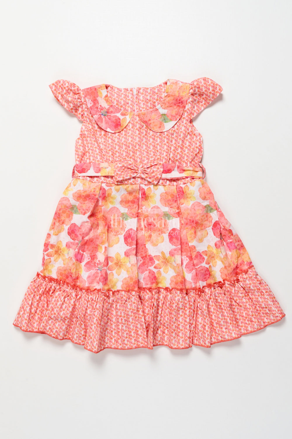 The Nesavu Girls Cotton Frock Girls Floral Cotton Frock with Layered Ruffles Ideal for Summer Parties Nesavu 22 (4Y) / Peach GFC1987A-22 Nesavu floral printed cotton frock girls ruffle hem  great summer parties