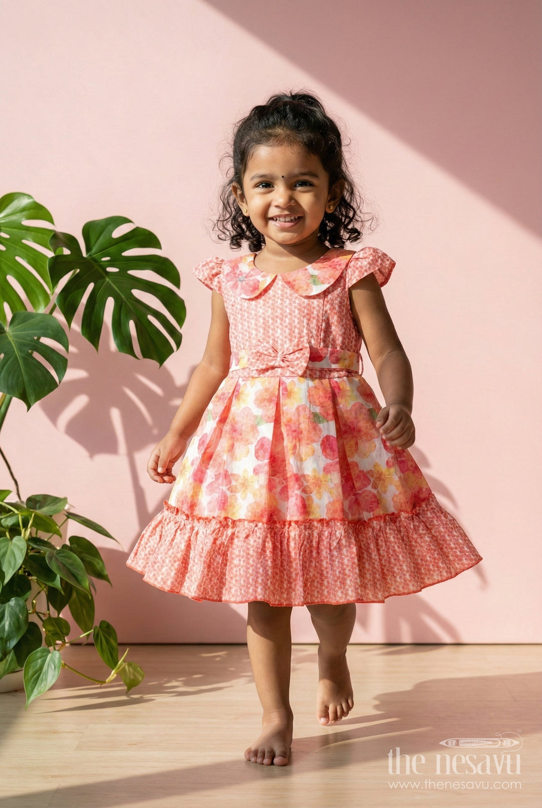 The Nesavu Girls Cotton Frock Girls Floral Cotton Frock with Layered Ruffles Ideal for Summer Parties Nesavu 22 (4Y) / Peach GFC1987A-22 Nesavu floral printed cotton frock girls ruffle hem  great summer parties