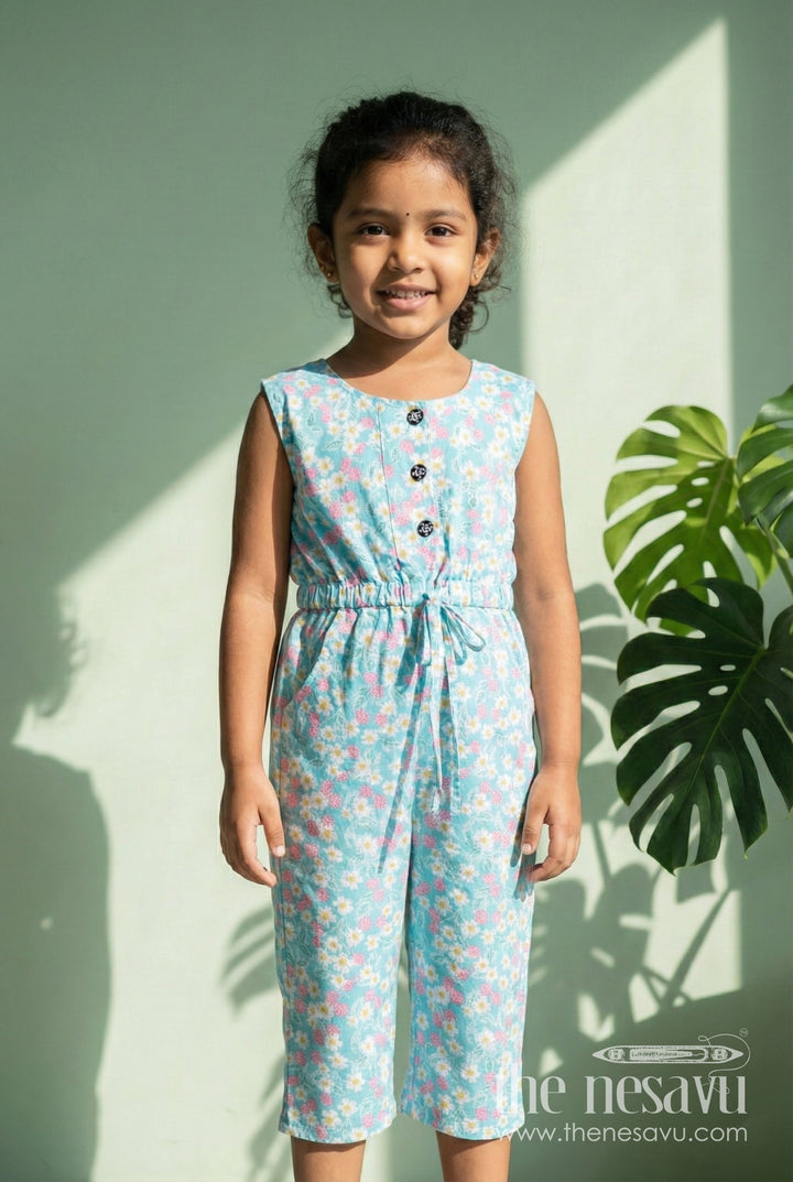 The Nesavu Girls Jumpsuit Girls Floral Cotton Jumpsuit for Casual Outings and Vacation Days Nesavu 20 (3Y) / Blue GFC1896A-20 Nesavu Girls Aqua Floral Cotton Jumpsuit Sleeveless Summer Outfit Matching Headband