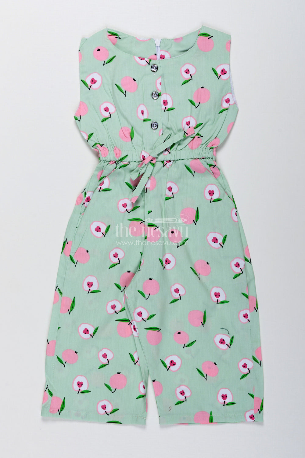 The Nesavu Girls Jumpsuit Girls Floral Cotton Jumpsuit for Summer Playdates and Casual Outings Nesavu 20 (3Y) / Green GFC1902A-20 Nesavu Girls Floral Cotton Jumpsuit Light Green Sleeveless Summer Wear Headband