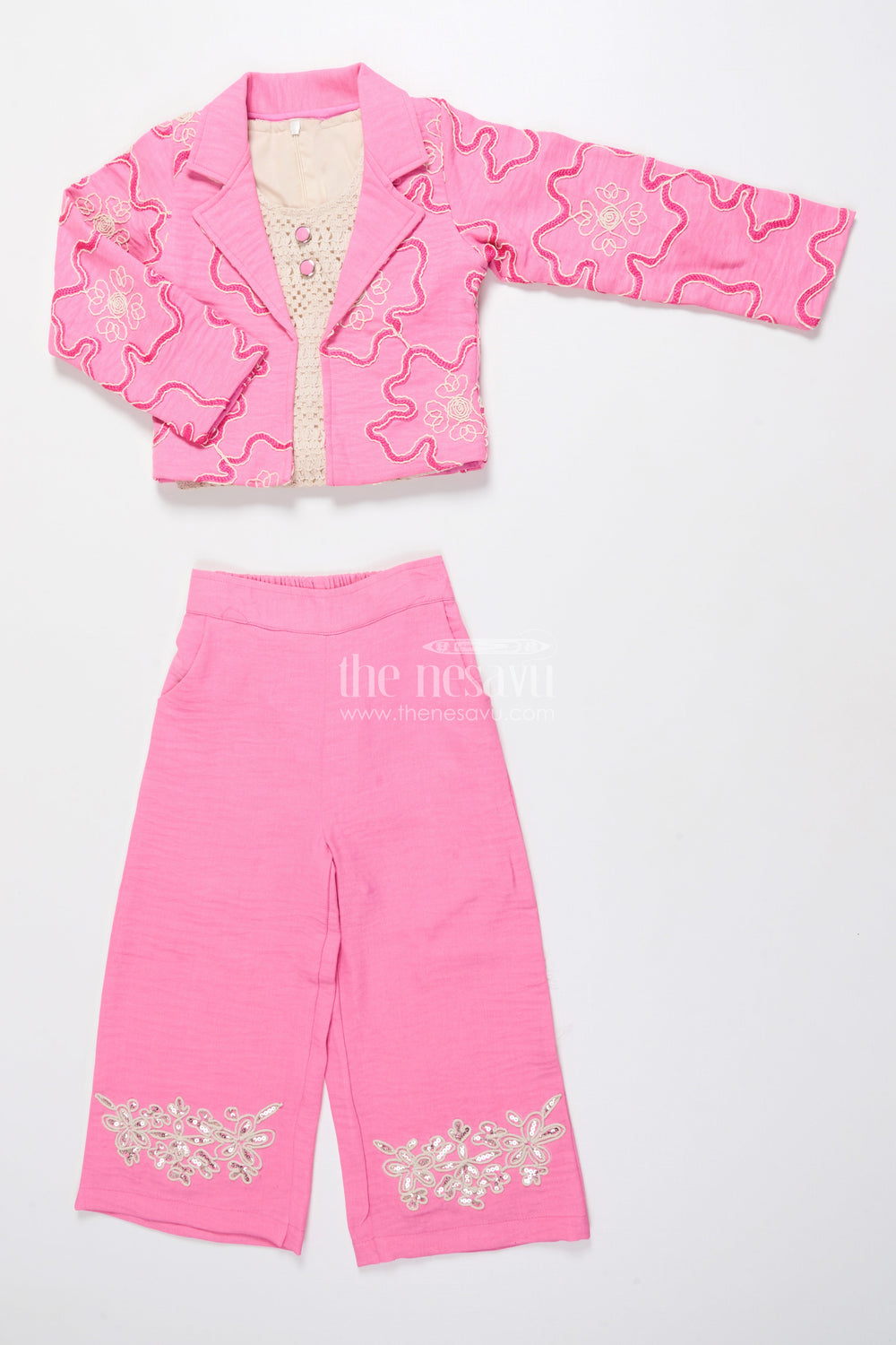 The Nesavu Girls Co-Ord Sets Girls Floral Embroidered Co-Ord Set with Lapel Jacket for Ethnic Day and Functions Nesavu 24 (5Y) / Pink GPS640B-24 Nesavu girls co-ord set floral embroidery lapel jacket ethnic outfit school weddings