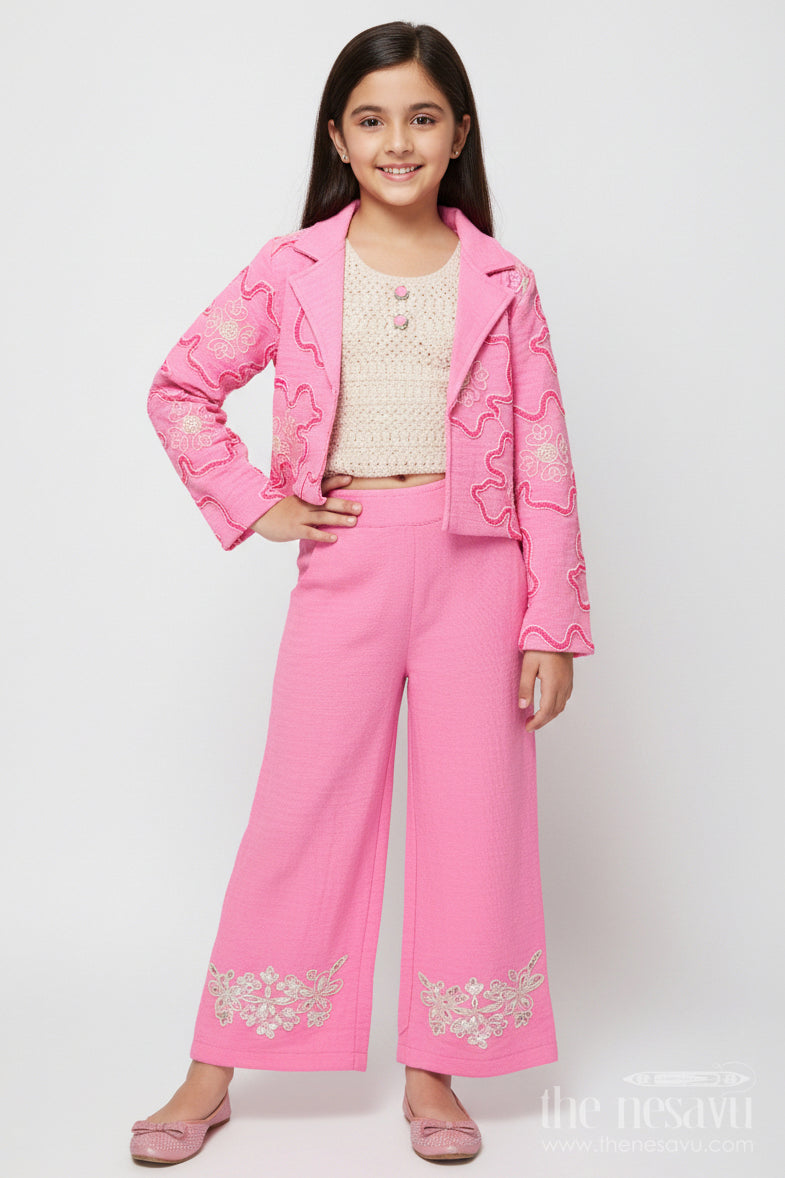 The Nesavu Girls Co-Ord Sets Girls Floral Embroidered Co-Ord Set with Lapel Jacket for Ethnic Day and Functions Nesavu 24 (5Y) / Pink GPS640B-24 Nesavu girls co-ord set floral embroidery lapel jacket ethnic outfit school weddings