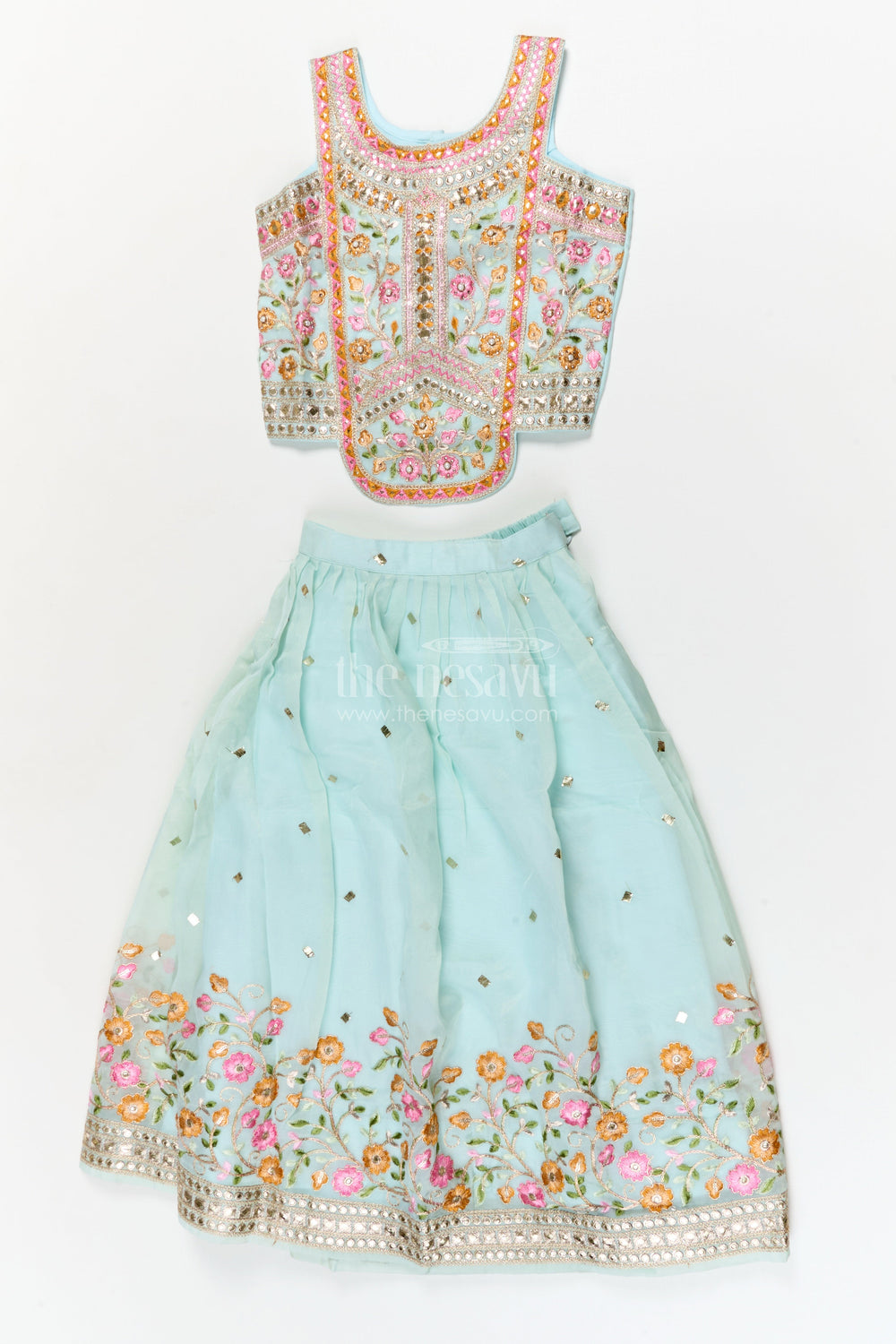 The Nesavu Girls Ethnic Lehenga Girls Floral Embroidered Lehenga Set for Weddings and Cultural Celebrations Nesavu 24 (5Y) / Teal / Georgette GL865A-24 Nesavu girls georgette lehenga choli set with floral embroidery and dupatta for festive weddings
