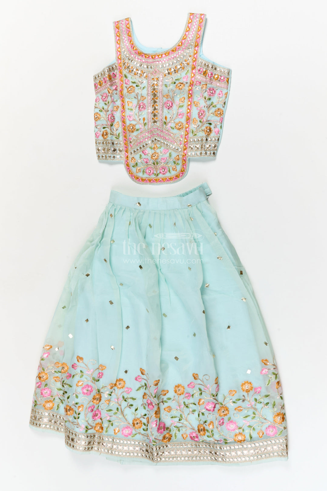 The Nesavu Girls Ethnic Lehenga Girls Floral Embroidered Lehenga Set for Weddings and Cultural Celebrations Nesavu 24 (5Y) / Teal / Georgette GL865A-24 Nesavu girls georgette lehenga choli set with floral embroidery and dupatta for festive weddings