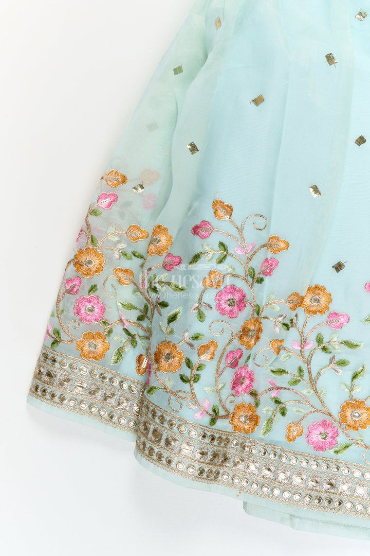 The Nesavu Girls Ethnic Lehenga Girls Floral Embroidered Lehenga Set for Weddings and Cultural Celebrations Nesavu Nesavu girls georgette lehenga choli set with floral embroidery and dupatta for festive weddings