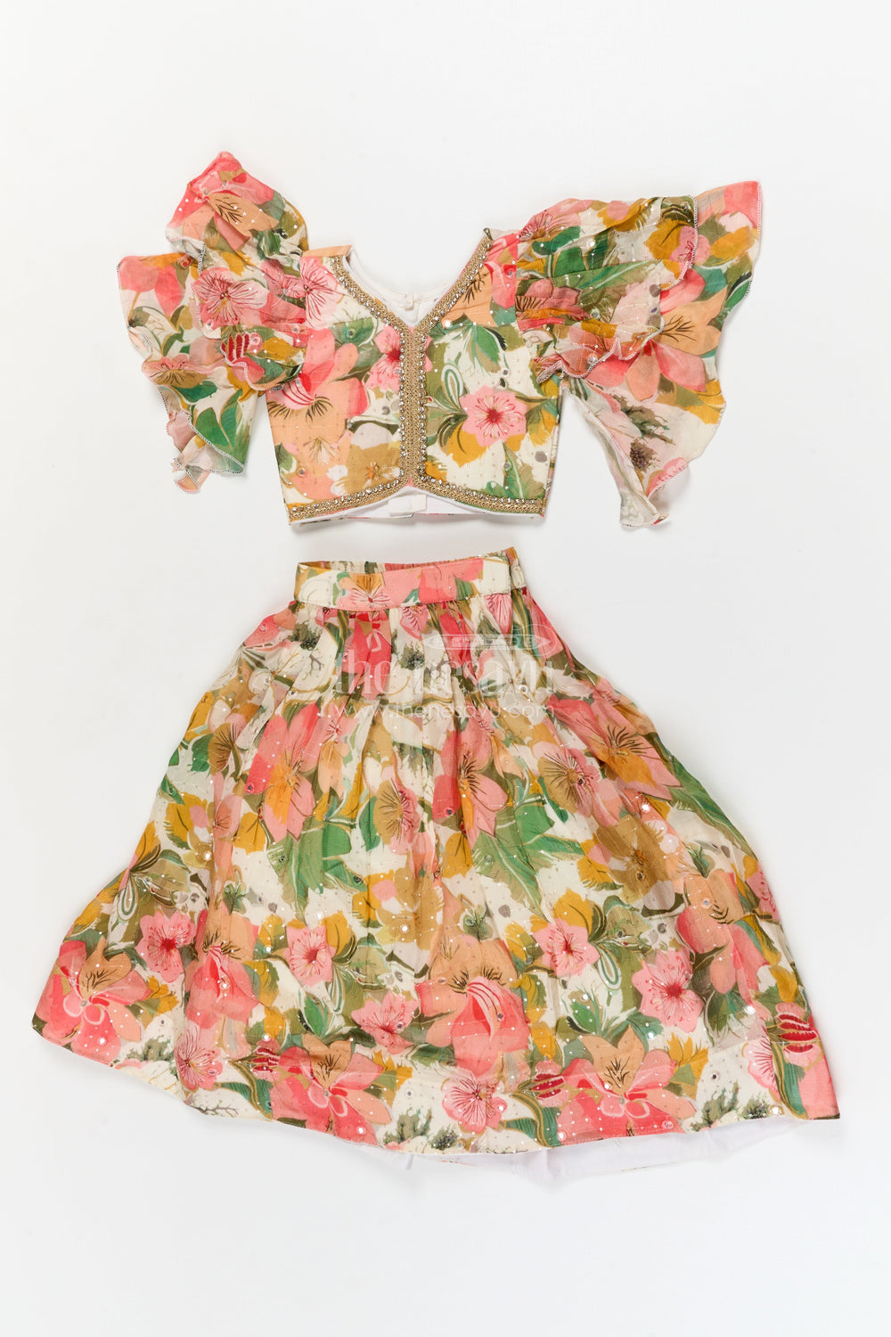 The Nesavu Girls Fancy Lehenga Girls Floral Fancy Lehenga Set with Puff Sleeves for Birthday and Festive Wear Nesavu 16 (1Y) / Multicolor / Chinnon GL856A-16 Nesavu girls puff sleeve floral lehenga set in Chinon silk for birthdays and festive celebrations