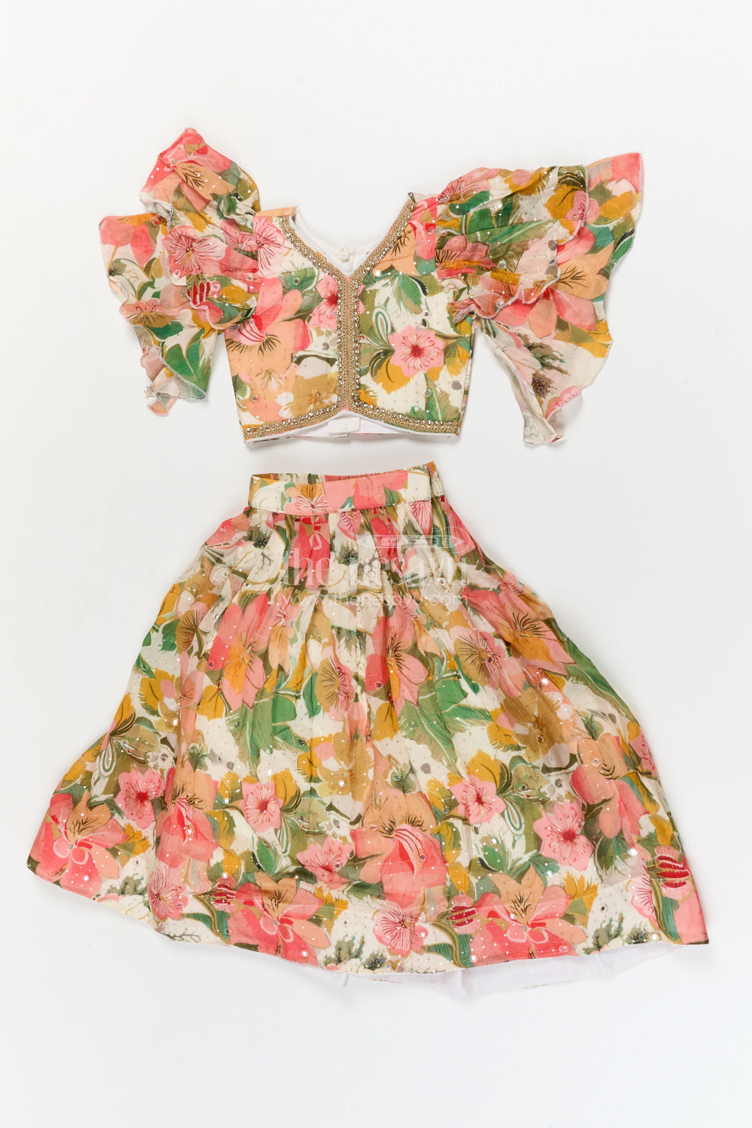 The Nesavu Girls Fancy Lehenga Girls Floral Fancy Lehenga Set with Puff Sleeves for Birthday and Festive Wear Nesavu 16 (1Y) / Multicolor / Chinnon GL856A-16 Nesavu girls puff sleeve floral lehenga set in Chinon silk for birthdays and festive celebrations