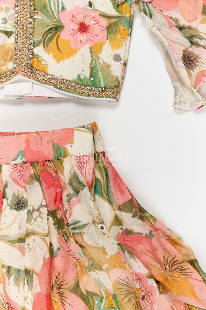 The Nesavu Girls Fancy Lehenga Girls Floral Fancy Lehenga Set with Puff Sleeves for Birthday and Festive Wear Nesavu Nesavu girls puff sleeve floral lehenga set in Chinon silk for birthdays and festive celebrations