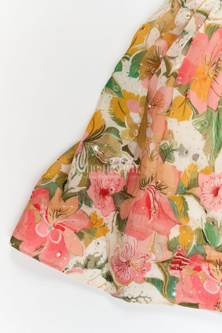 The Nesavu Girls Fancy Lehenga Girls Floral Fancy Lehenga Set with Puff Sleeves for Birthday and Festive Wear Nesavu Nesavu girls puff sleeve floral lehenga set in Chinon silk for birthdays and festive celebrations