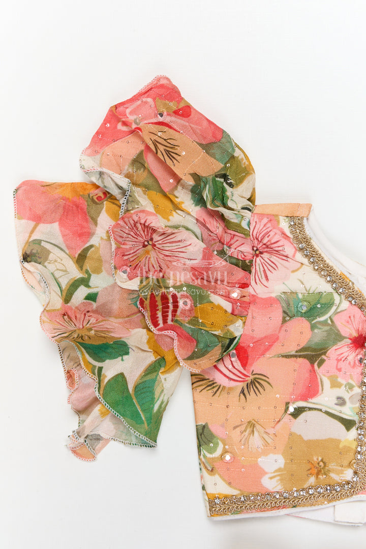 The Nesavu Girls Fancy Lehenga Girls Floral Fancy Lehenga Set with Puff Sleeves for Birthday and Festive Wear Nesavu Nesavu girls puff sleeve floral lehenga set in Chinon silk for birthdays and festive celebrations