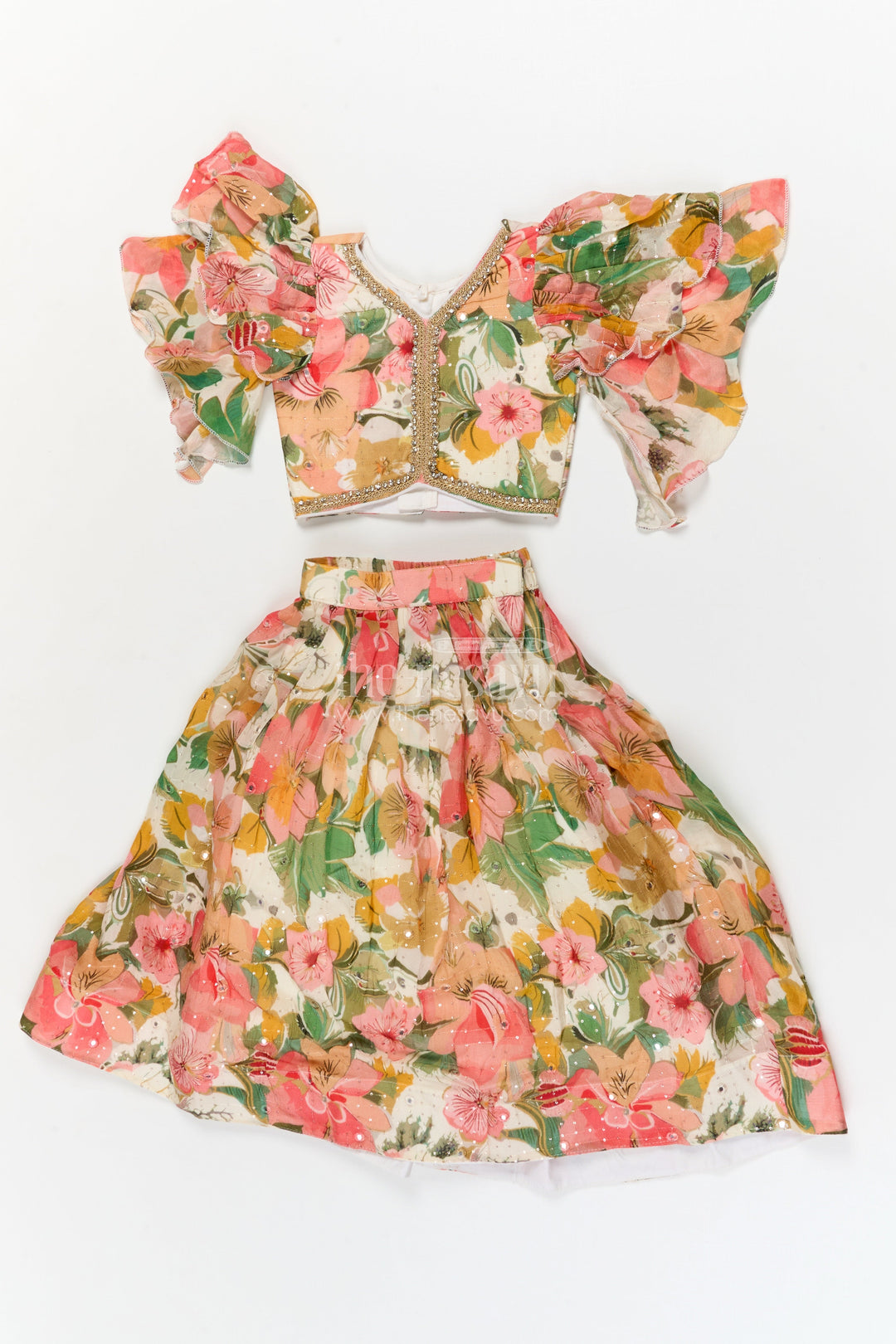 The Nesavu Girls Fancy Lehenga Girls Floral Fancy Lehenga Set with Puff Sleeves for Birthday and Festive Wear Nesavu Nesavu girls puff sleeve floral lehenga set in Chinon silk for birthdays and festive celebrations