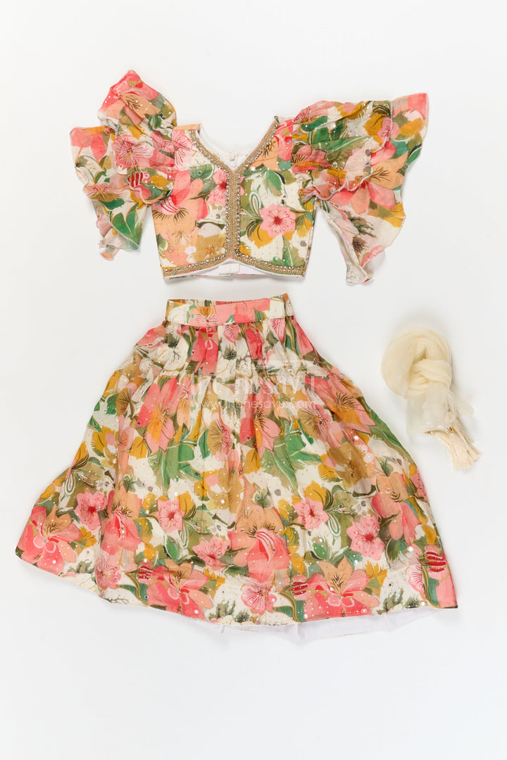The Nesavu Girls Fancy Lehenga Girls Floral Fancy Lehenga Set with Puff Sleeves for Birthday and Festive Wear Nesavu Nesavu girls puff sleeve floral lehenga set in Chinon silk for birthdays and festive celebrations