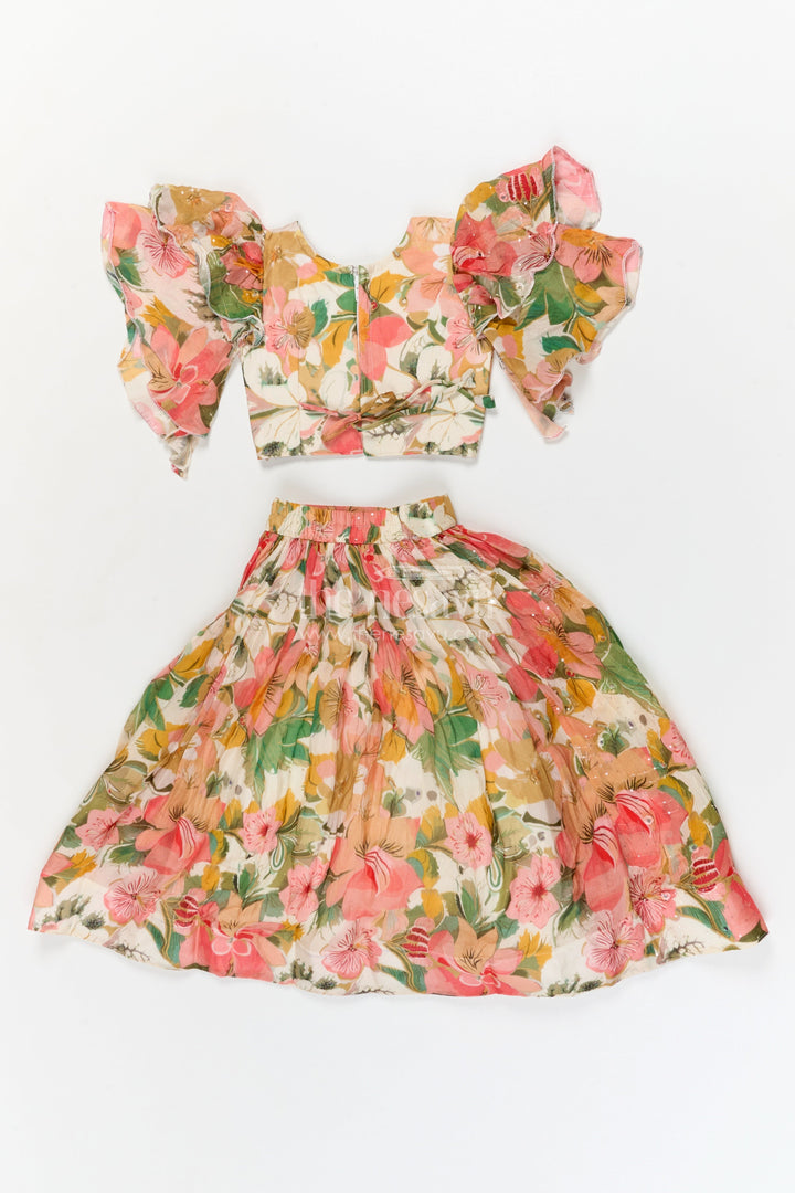 The Nesavu Girls Fancy Lehenga Girls Floral Fancy Lehenga Set with Puff Sleeves for Birthday and Festive Wear Nesavu Nesavu girls puff sleeve floral lehenga set in Chinon silk for birthdays and festive celebrations