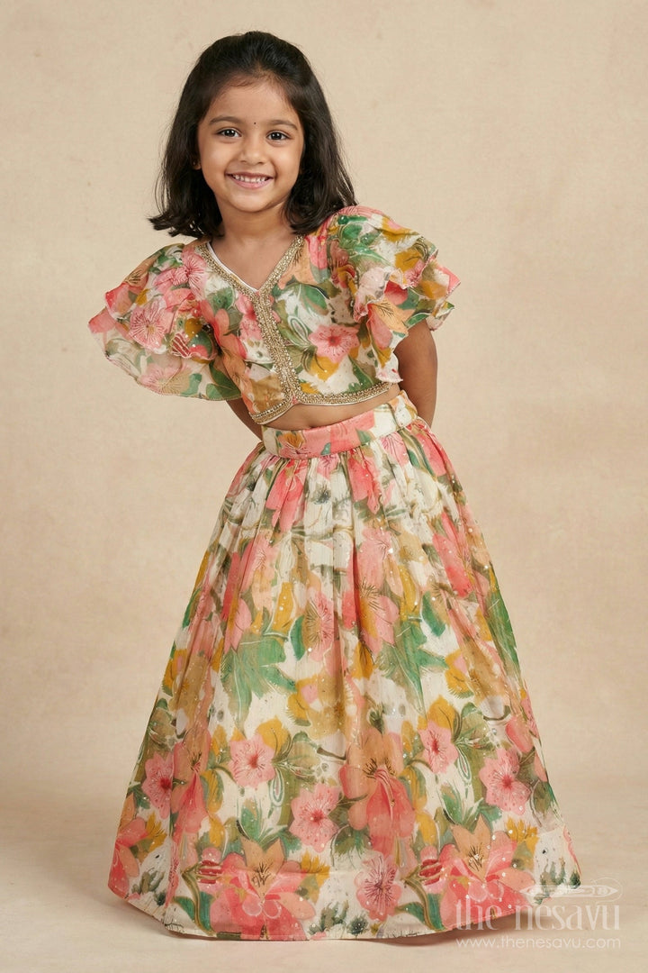 The Nesavu Girls Fancy Lehenga Girls Floral Fancy Lehenga Set with Puff Sleeves for Birthday and Festive Wear Nesavu Nesavu girls puff sleeve floral lehenga set in Chinon silk for birthdays and festive celebrations