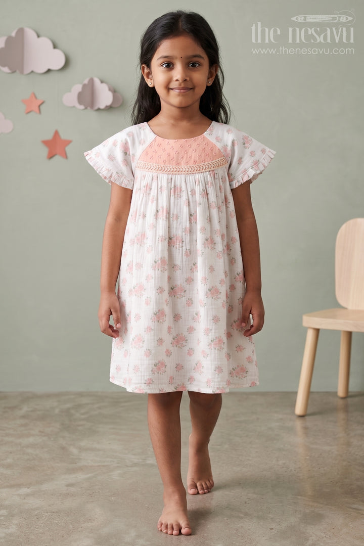 The Nesavu Girls Cotton Frock Girls Floral Frock for Summer Holidays and Family Outings Nesavu 14 (6M) / Half white / Muslin Cotton GFC2266A-14 Nesavu Girls Floral Muslin Cotton Frock For Summer Holidays And Casual Outings