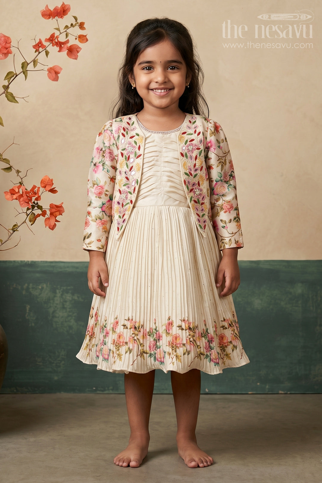 The Nesavu Silk Frock Girls Floral Frock with Jacket in Chinon Silk with Digital Print and Embroidered Stone Work Detailing Nesavu 18 (2Y) / Cream SF984A-18 Girls Floral Frock Embroidered Jacket Chinon Silk Digital Print Stone Work | The Nesavu