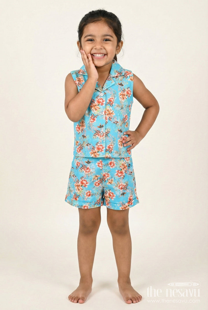 The Nesavu Girls Jumpsuit Girls Floral Jumpsuit for Beach Vacations and Summer Fun Nesavu 20 (3Y) / Blue GPS733A-20 Nesavu Turquoise Floral Girls Jumpsuit Set Sleeveless Cotton Outfit Summer Travel