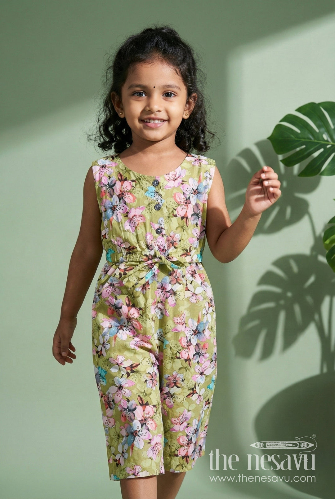 The Nesavu Girls Jumpsuit Girls Floral Jumpsuit for Festive Fun and Summer Adventures Nesavu 20 (3Y) / Green GFC1897A-20 Nesavu Mustard Floral Cotton Jumpsuit Girls Sleeveless Festive Wear Belt Headband