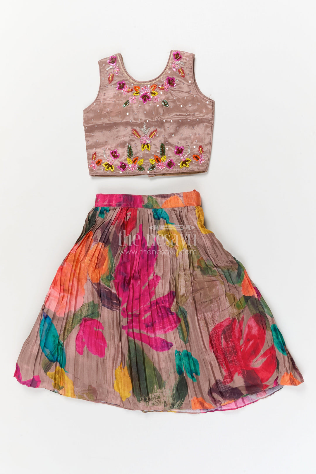 The Nesavu Girls Ethnic Lehenga Girls Floral Lehenga Set with Sleeveless Blouse for Birthdays and Special Occasions Nesavu 16 (1Y) / Multicolor / Chinnon GL863A-16 Nesavu girls floral printed lehenga set in chinon fabric with embroidered blouse for festive celebrations