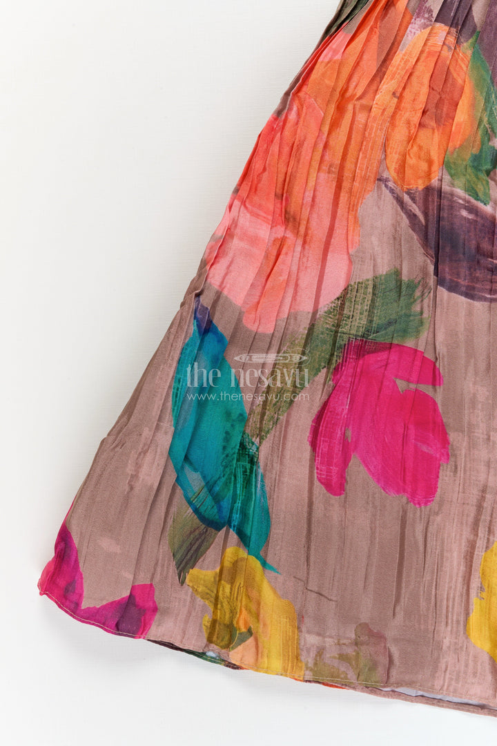 The Nesavu Girls Ethnic Lehenga Girls Floral Lehenga Set with Sleeveless Blouse for Birthdays and Special Occasions Nesavu Nesavu girls floral printed lehenga set in chinon fabric with embroidered blouse for festive celebrations