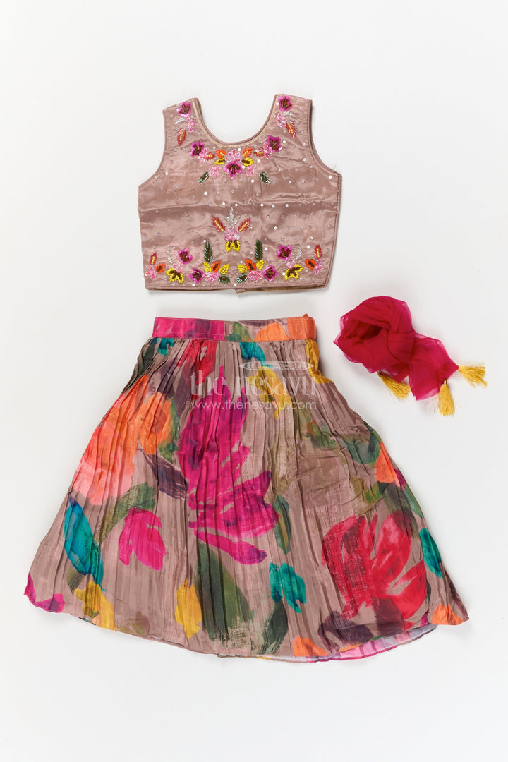The Nesavu Girls Ethnic Lehenga Girls Floral Lehenga Set with Sleeveless Blouse for Birthdays and Special Occasions Nesavu Nesavu girls floral printed lehenga set in chinon fabric with embroidered blouse for festive celebrations