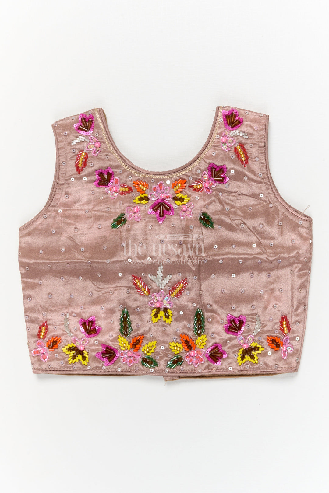 The Nesavu Girls Ethnic Lehenga Girls Floral Lehenga Set with Sleeveless Blouse for Birthdays and Special Occasions Nesavu Nesavu girls floral printed lehenga set in chinon fabric with embroidered blouse for festive celebrations