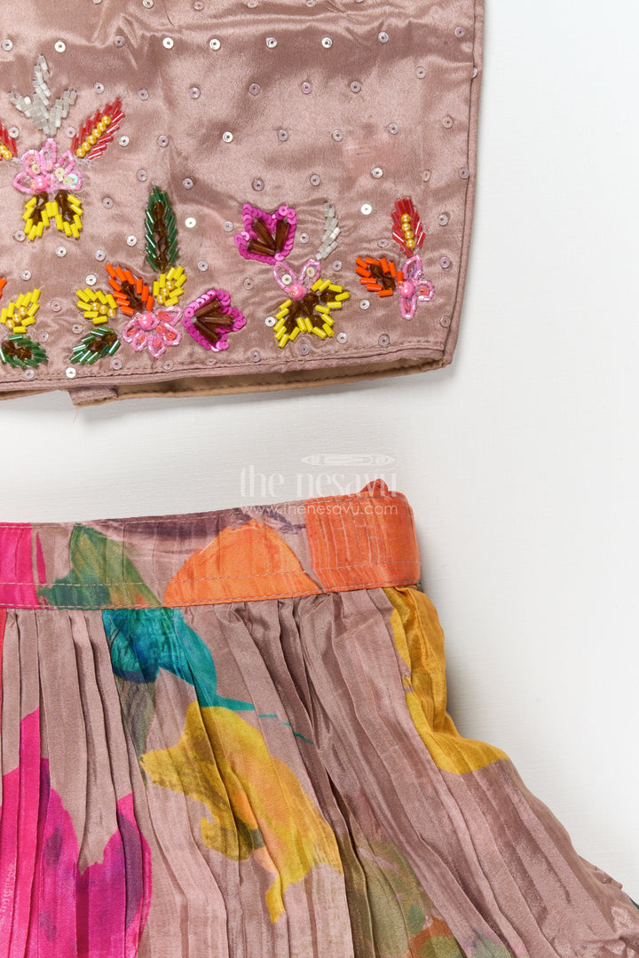 The Nesavu Girls Ethnic Lehenga Girls Floral Lehenga Set with Sleeveless Blouse for Birthdays and Special Occasions Nesavu Nesavu girls floral printed lehenga set in chinon fabric with embroidered blouse for festive celebrations