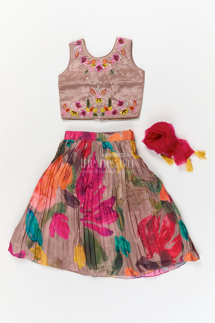 The Nesavu Girls Ethnic Lehenga Girls Floral Lehenga Set with Sleeveless Blouse for Birthdays and Special Occasions Nesavu Nesavu girls floral printed lehenga set in chinon fabric with embroidered blouse for festive celebrations